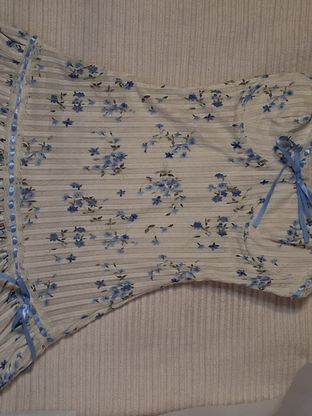 Jessica Simpson Floral Mini Dress Ribbed Coquette Babydoll Blue Cream Lace Trim